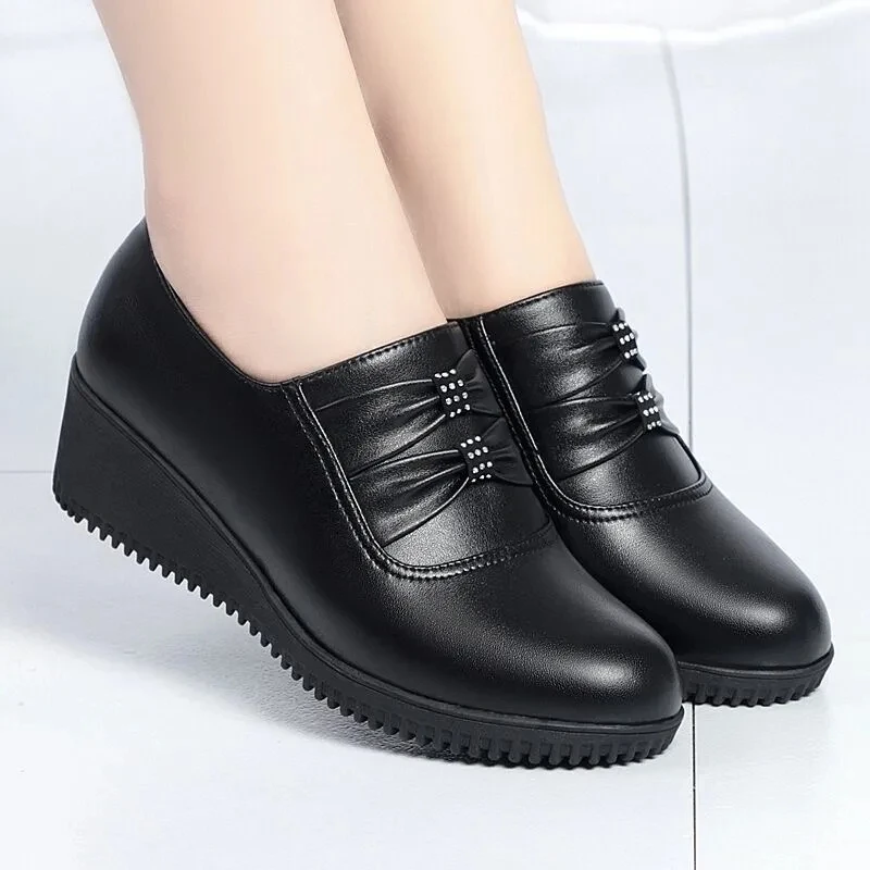 Mom black artificial leather flats platform spring black womens shoes cozy loafers female ballet shoes