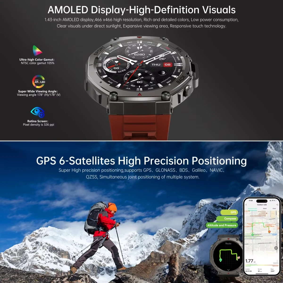 GPS Outdoor Smart Watch 10ATM Waterproof Built-in Dual-band GNSS Compass Sport Smartwatch Men 2025 New For  Ultra T-Rex 3