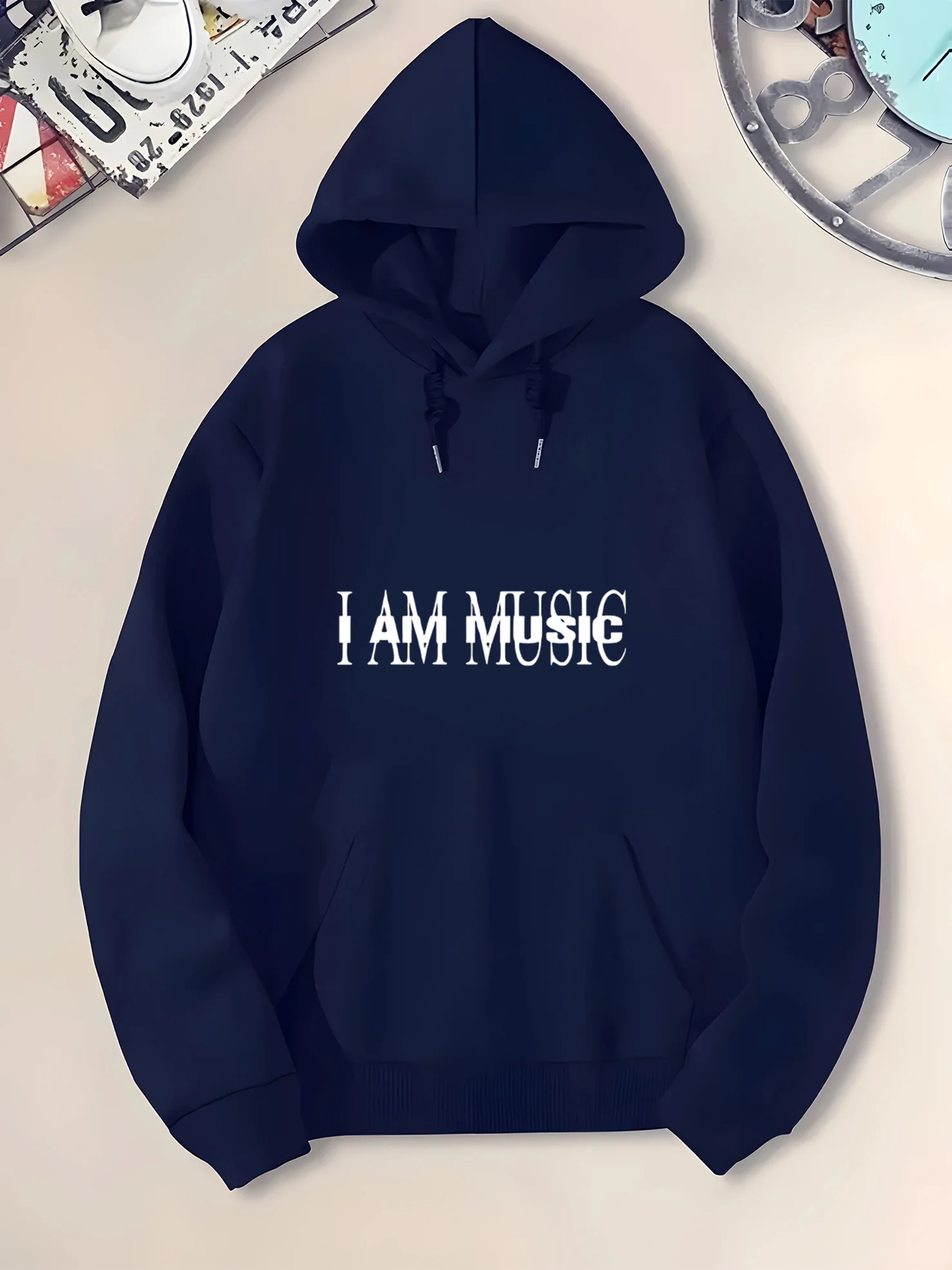 Marineblauer Herren-Kapuzenpullover mit geometrischem Druck, normale Passform, lässige Sportbekleidung, maschinenwaschbar, alltäglicher Komfort, glatter Stoff
