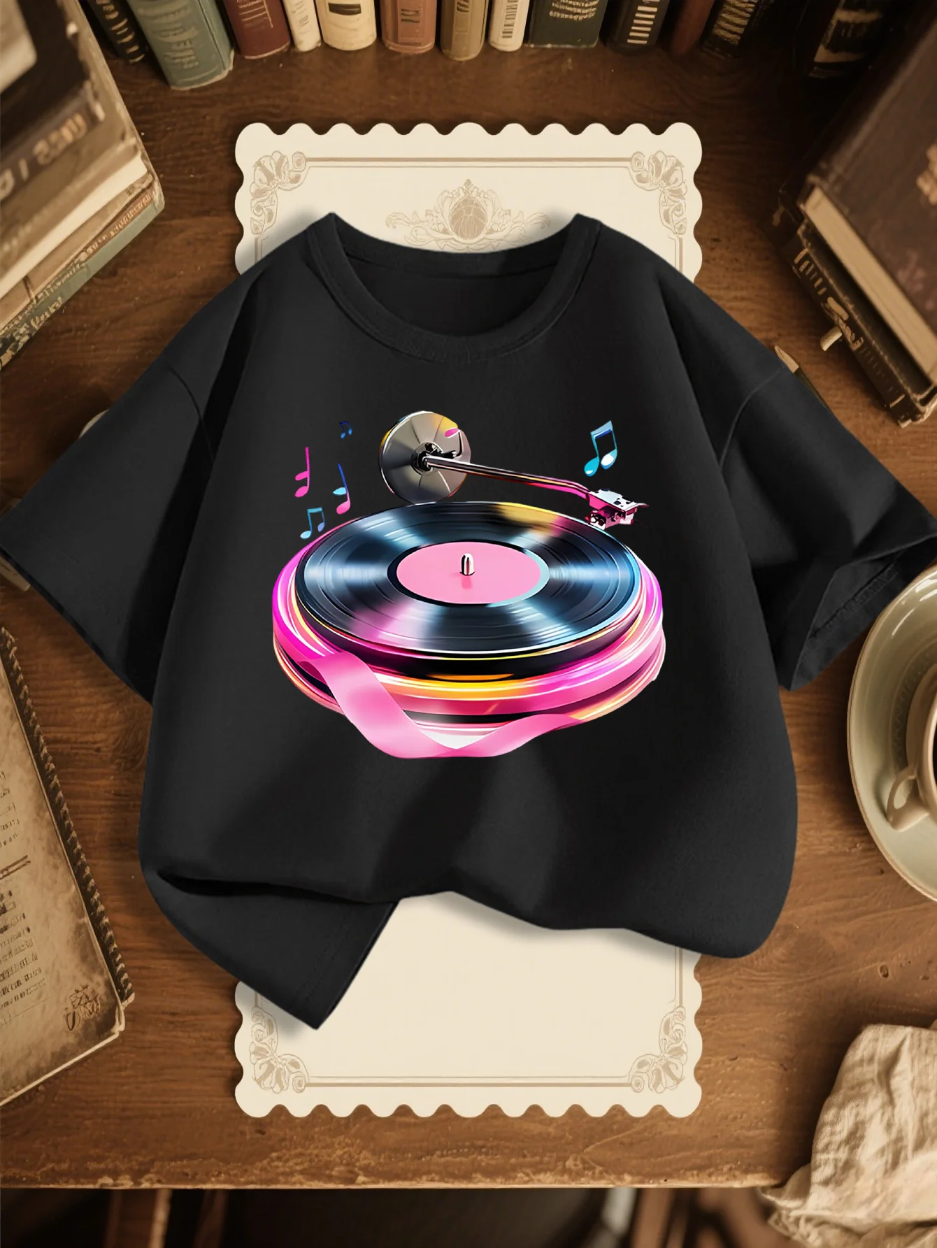 Parent Child T Shirt Neon Turntable Musical Note Retro Graphic Boys Girls Breathable Short Sleeve Music Lover Kids Daily Tee