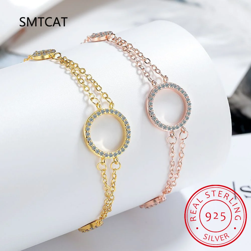 Real 925 Sterling Silver Hollow Round Zircon Double Layer Chain Bracelet for Women Hiphop Fine Jewelry Minimalist Accessories