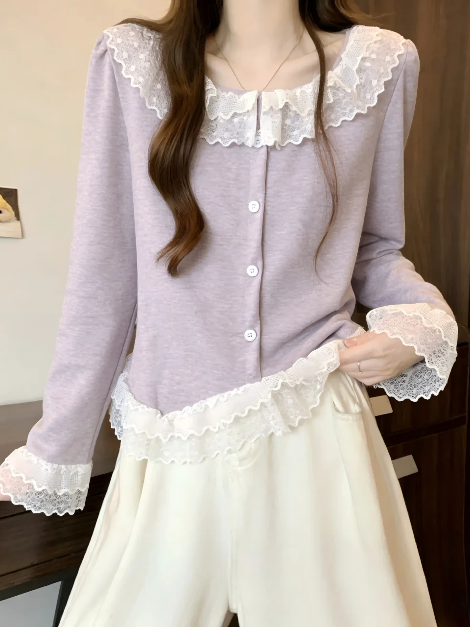 

Женский трикотажный топ больших размеров с кружевной отделкой и длинными рукавами, фиолетовый, в корейском стиле, дышащий, комфортный, весна-лето