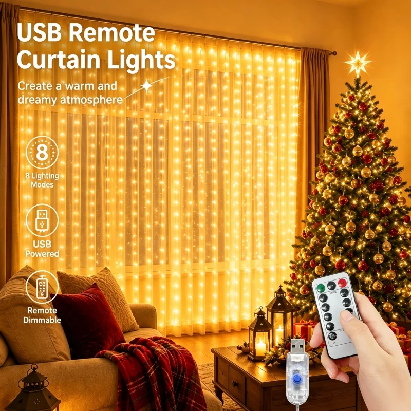 Curtain Garland Led String Lights Festival Christmas Decoration 8 Mode Usb Holiday Light For Bedroom Home Outdoor