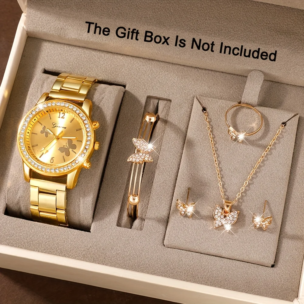 Ladies' Luxury Gold Steel Strap Watch+butterfly Bracelet, Necklace, Earrings, Ring Set, Suitable for Various Occasions (no Box)