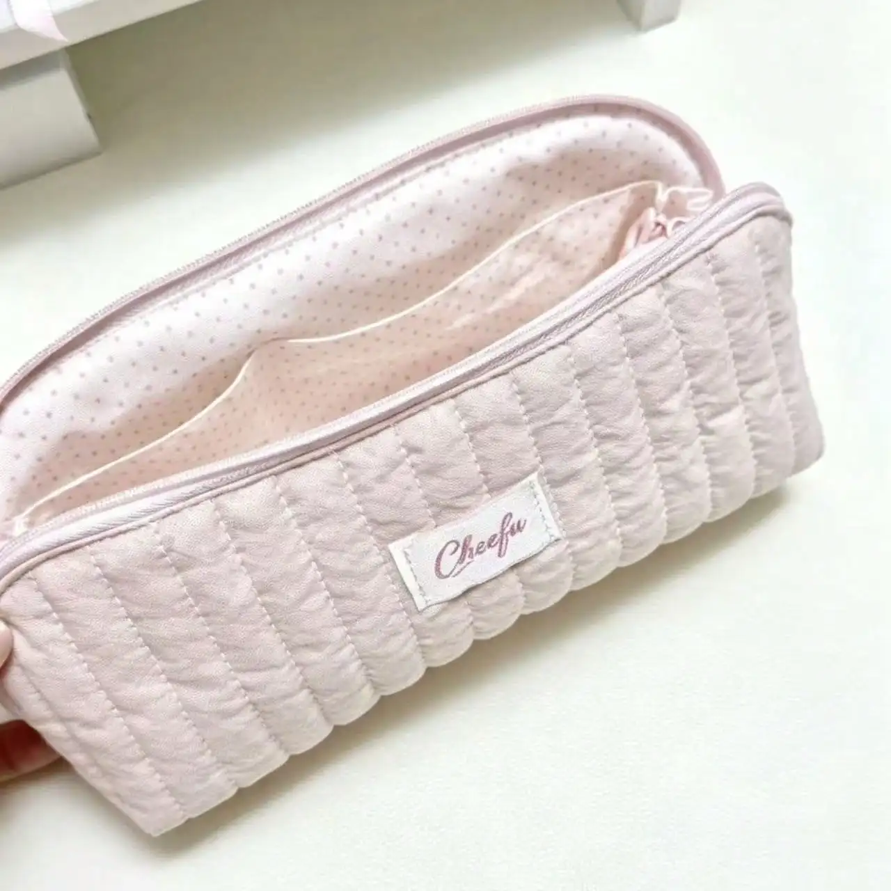 Vertical Quilted Rectangular Zipper Pencil Case, Soft Padded Lining With Pink Polka Dot Inner & Multi Pockets, Ulzzang Style Student Pen Bag For New Semester Stationery Storage