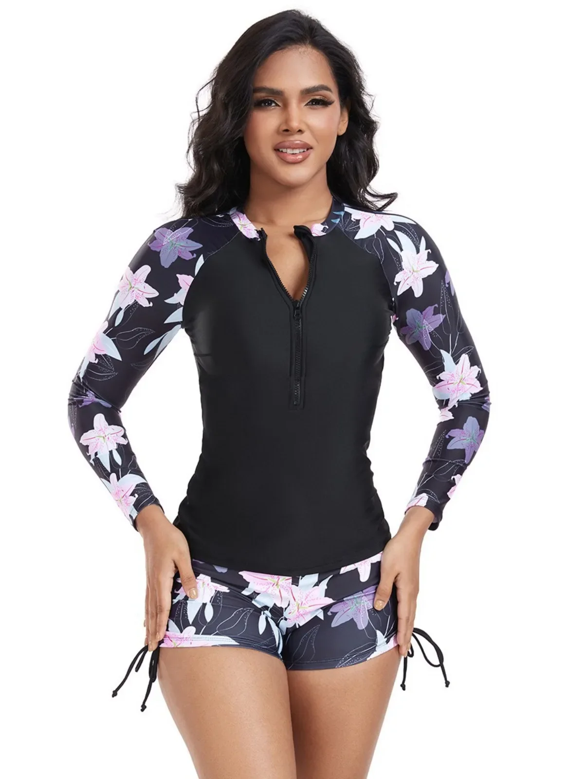 

Sport Swimsuit Women's Print 2-piece Surfing Suit Long Sleeve Conservative High Waist Zipper Bikini Set Bathing Suit 2025 New