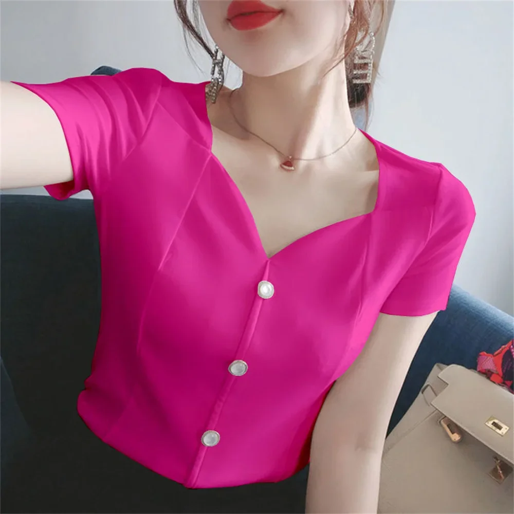 Womens Tops And Blouses Summer Short Sleeve Blouse Women Blusas Mujer De Moda 2025 Turtleneck Knitted Blouse Shirt Tops