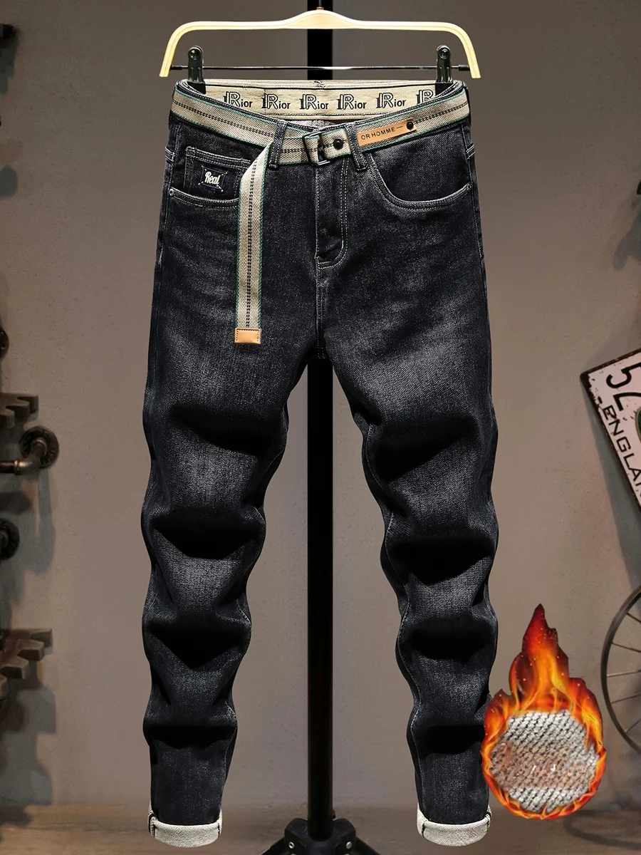 

Мужские джинсы из высококачественного хлопкового стрейч-денима с флисовой подкладкой, утепленные, эластичные, зауженного кроя, буткат, модные, универсальные, свободные.