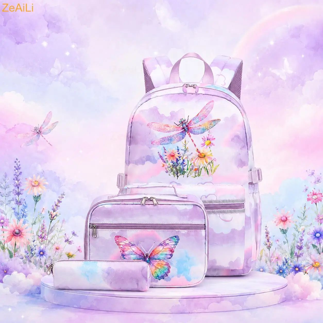 3Pcs Beautiful Dragonfly Floral Butterfly Cat Backpack Lunch Bag Set Large Capacity Lightweight Convenient for School Trips