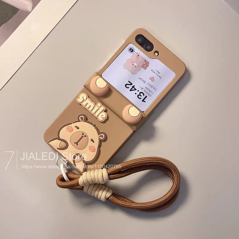 Cute Ears Capybara Bracelet Hinge Protective Phone Case For Samsung Galaxy Z Flip 3 4 5 6 7 Flip6 ZFlip7 7FE Hard Cover