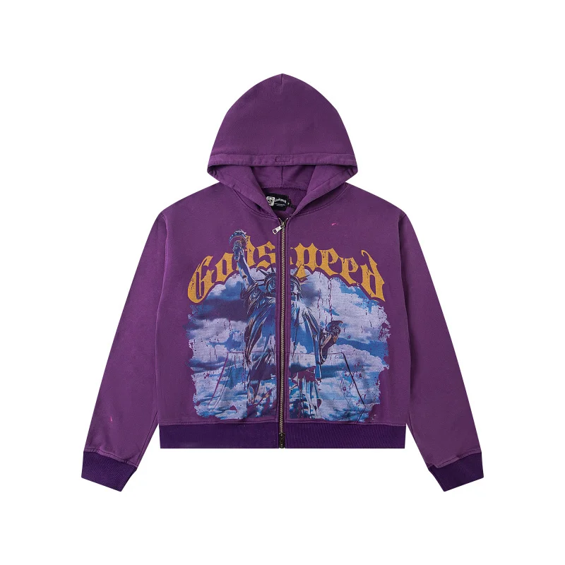 Godspeed الأمريكية شارع العليا خمر Waed الحرية تمثال فضفاض الثقيلة المفتوحة سترة هوديي Jaet عارضة القطن طويل Sve