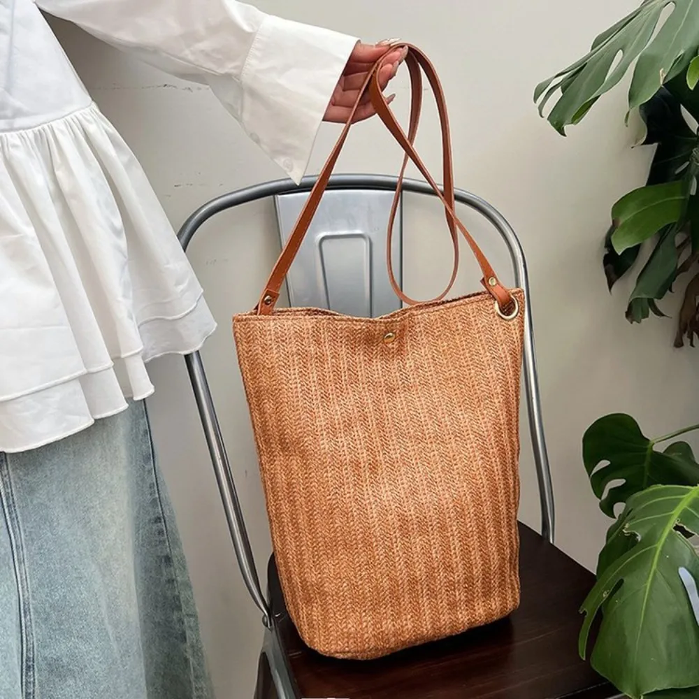 Casual Solid Color Weave Tote Bag Large Capacity Canvas Bohemian Shoulder Bag Bucket Bag Beach Bag Straw Handbag Girls
