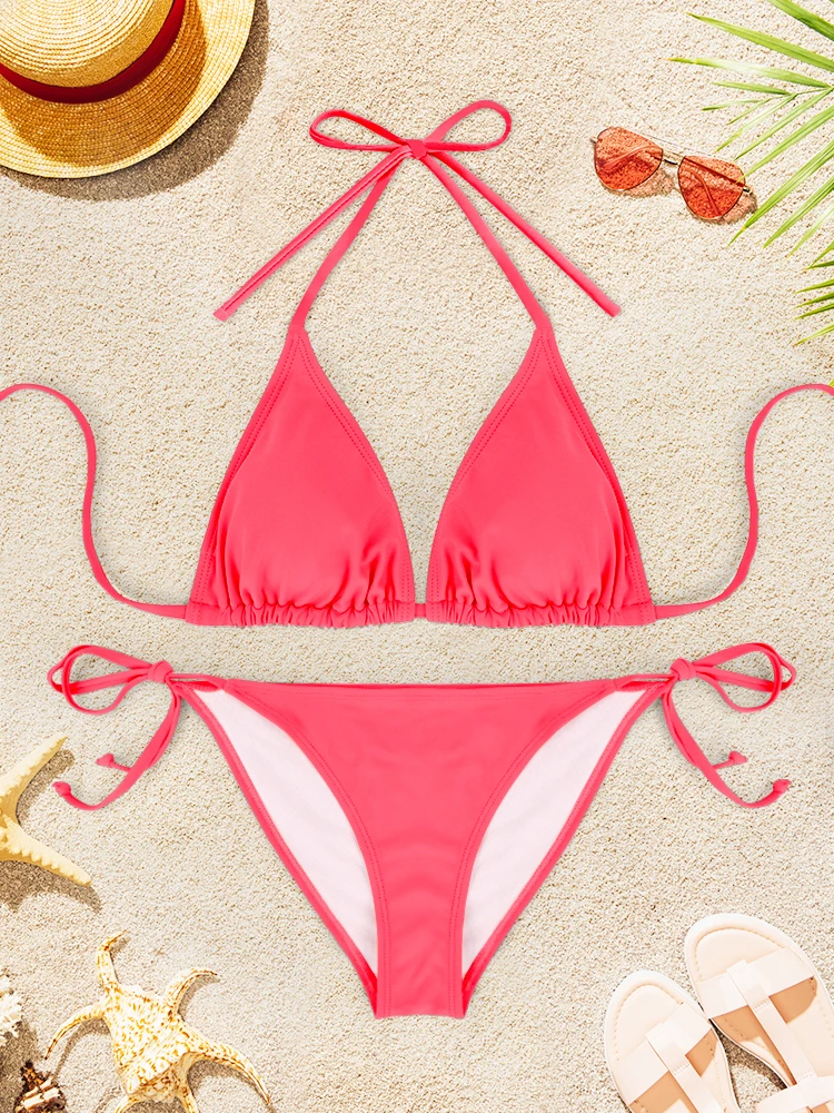 

2Pcs Pure Color Women's Bikini Set Sexy Halter Side Lace-up Beachwear 2025 New Summer Swimwear Adjustable Female Bathing Suits