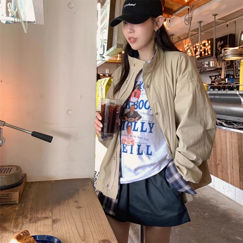 

Chic Autumnal Plaid ort Coat Women's Loose Workwear Sle Stand Collar Patchwork Inner Color Blo Korean Version Long Sve