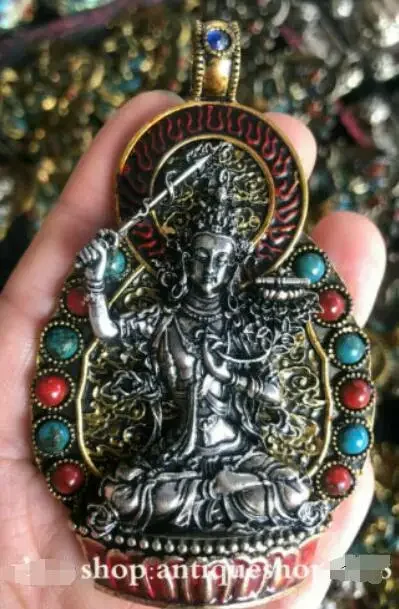 Tibet Buddhism Bronze Turquoise Silver Wenshu Manjushri Guan Yin Pendant Statue