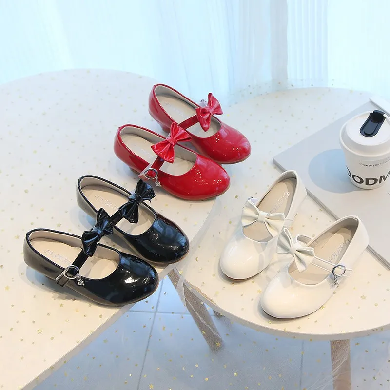 Princess Style Pure Color Butterfly Knot Kids Shoes Spring New Arrival Low Cut Leather High Heel Single Shoes for Girls 26-37