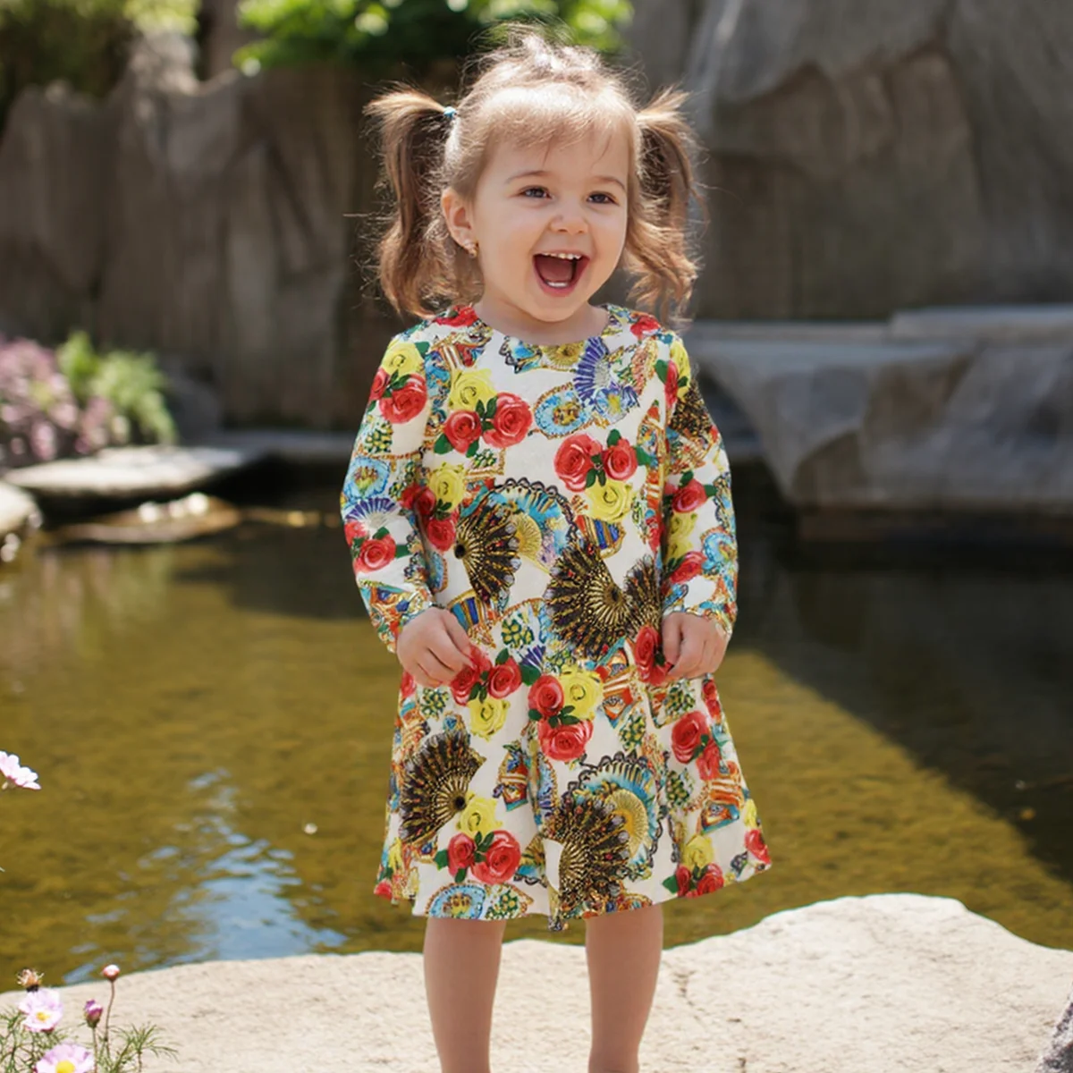 Sanlutoz Cute Long Sleeve Children Girl Dress Printing Kids Dresses Spring Clothing Casual