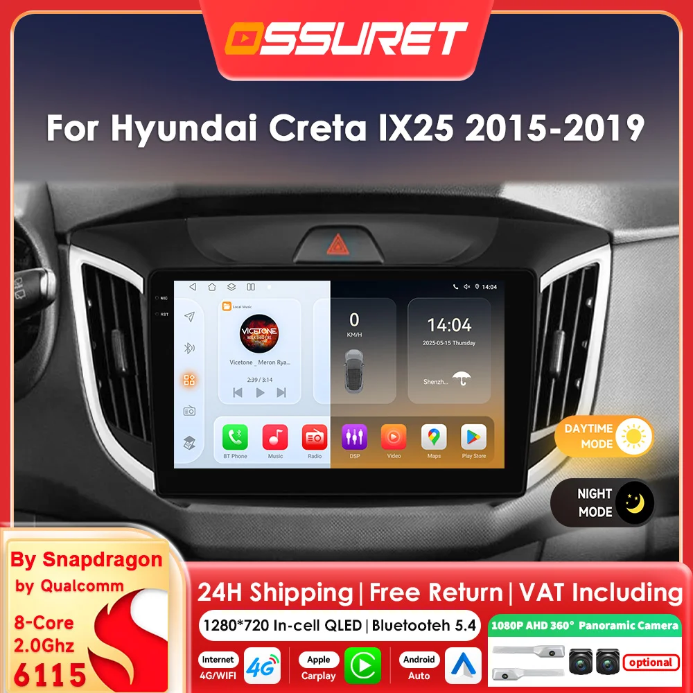 Lecteur vidéo multimédia Android 10.1 pouces, GPS stéréo pour Hyundai Creta IX25 2015 – 2019, Carplay pour Apple, autoradio 6115 8Core, caméra 360, systèmes intelligents, unité principale 2DIN