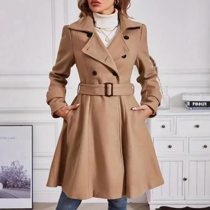 

Faionable Casual Woolen Coat Dr Women's Long Sve Double Breasted Belted Autumn Winter New Arrival Ele Dr