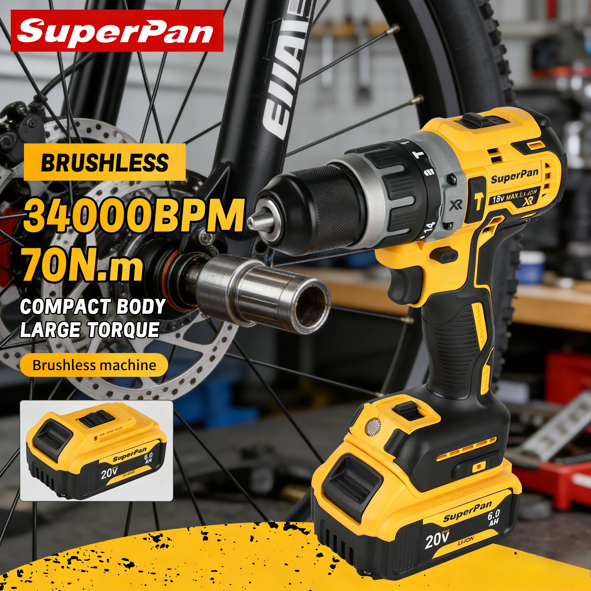 

Аккумуляторная литиевая дрель SuperPan Compact 70Нм 0-2200 об/мин 40/13/13мм для регулировки дверных рам, совместимая с аккумулятором Dewalt 20В