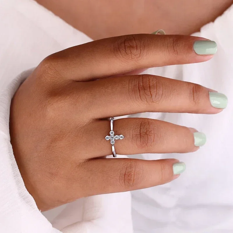 CAOSHI Dainty Cross Shape Finger Ring Female Daily Wearable Jewelry with Bright Zirconia Fashion Silver Color Accessories Gift