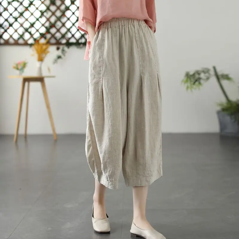 

Summer Comfortable Flax Casual Bloomers Ladies Loose Solid Women's Clothing Simplicity Pocket Elastic Waist Calf-Length Pants