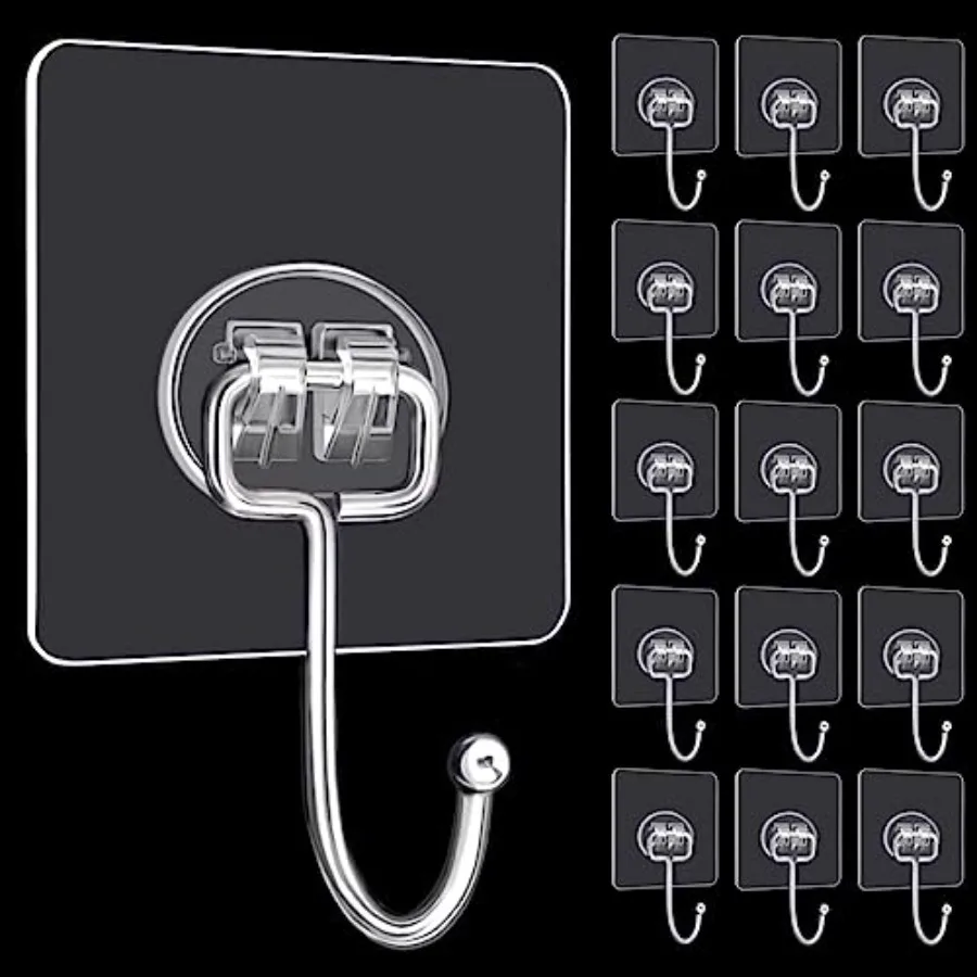 

Large Adhesive Hooks, 16-Pack Hold 33lb Max Heavy Duty Sticky Hooks, Waterproof Transparent Hooks for Hanging, Self-Adhesive Tr