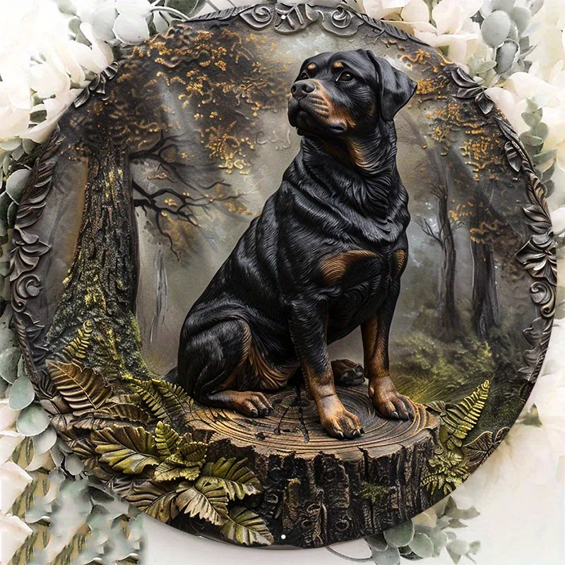 Rottweiler Sculpture Metal Sign, Decorative Tree-Shaped Door Hanger, Wall Art, Wreath Decoration, Durable Aluminum Material