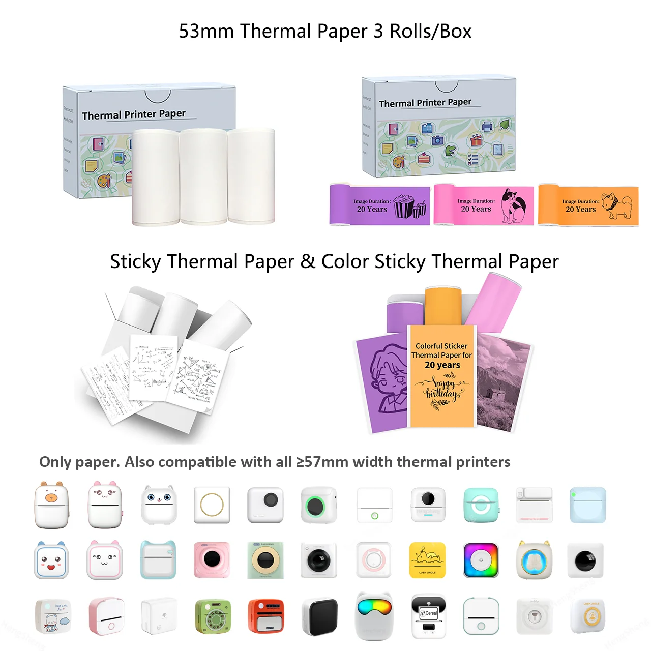 Thermal Paper MINI Printing Adhesive Label Printer Paper Colorful And White Sticky For Phomemo/Memoking M02/T02,53mm