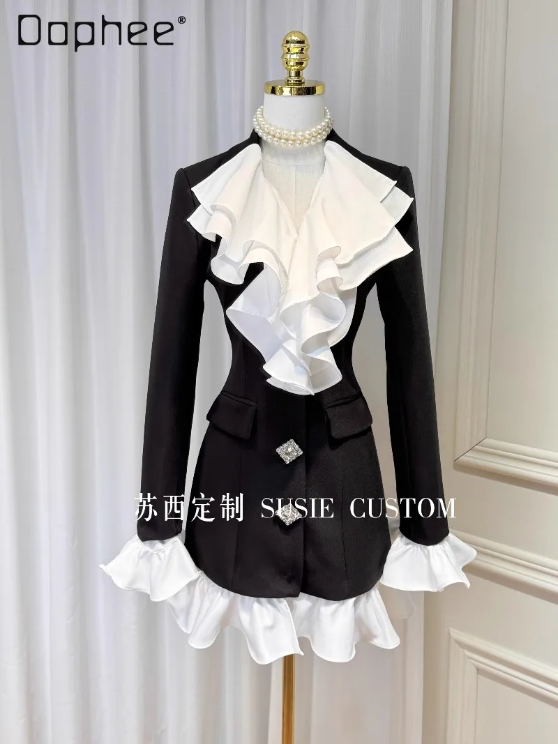 French Hepburn Style Socialite Suit Dress Fashion Detachable Ruffled High End Rhinestone Buttons Slim Patchwork Long Coats