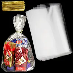 100/200 Stück Zellophan-Verpackungsbeutel, transparent, flach, mit farbigem Verbindungsdraht für Geschenkverpackungen, Bäckereien, Süßigkeiten