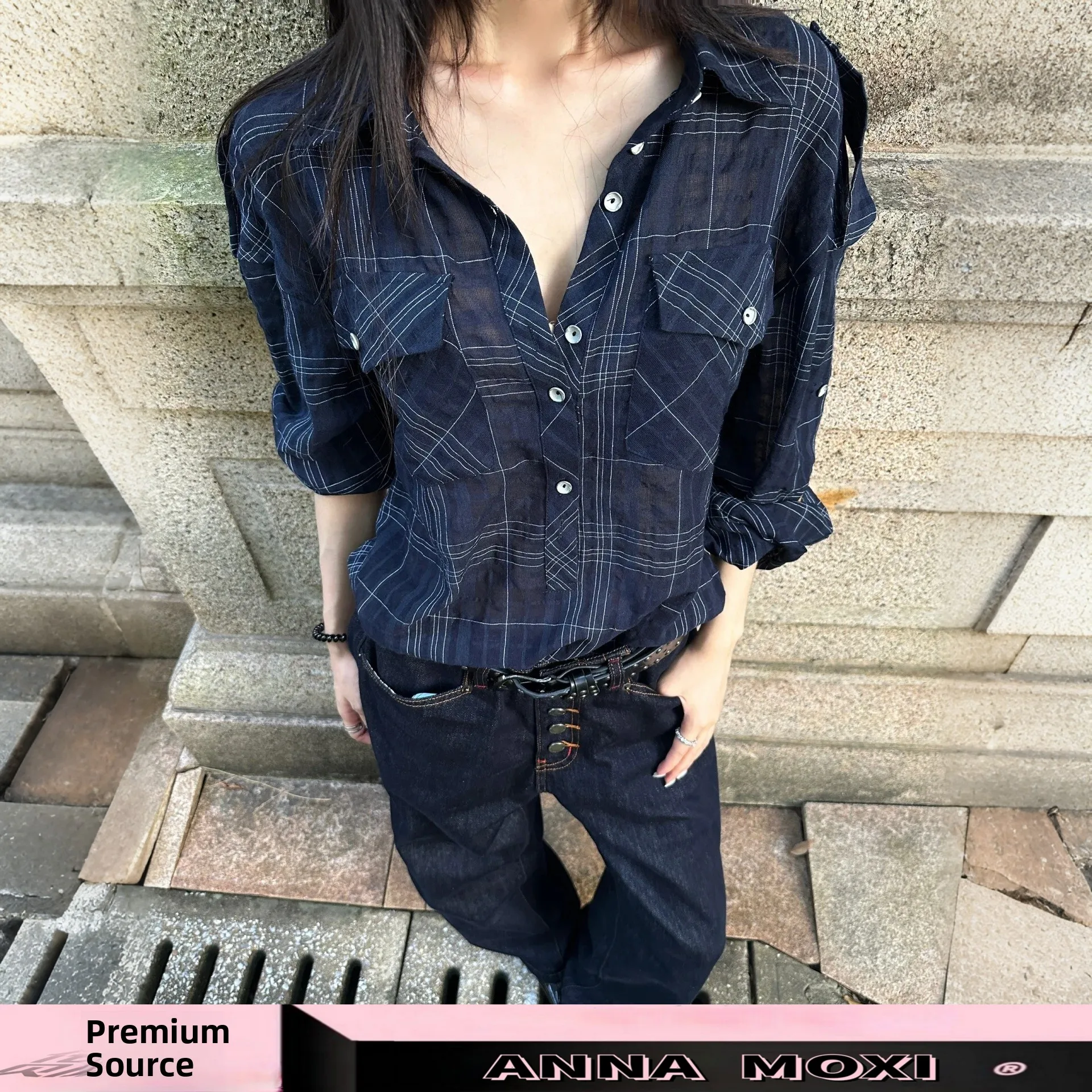 

Loose Shirt Adjustable Cuff Back Waist Tie Belt Metal Buckle Casual Style Asymmetric Texture Dark Blue Plaid Women's Shirt