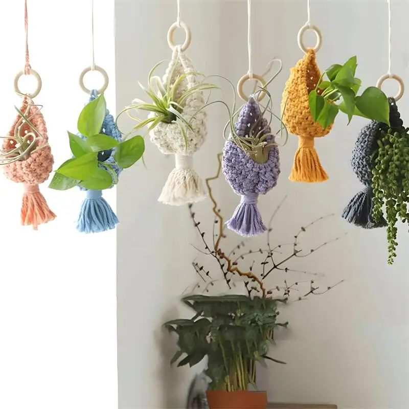 Various Colours Macrame Air Plant Holder Bohemian Style Cotton Hand Weaving Hanging Planter For Home Decor Bedroom Decoration