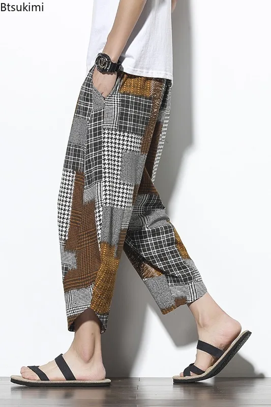 Chinese Style Men's Casual Cotton Linen Pants Ethnic Print Casual Pocket Calf-length Pants Vintage Streetwear Men Baggy Trousers