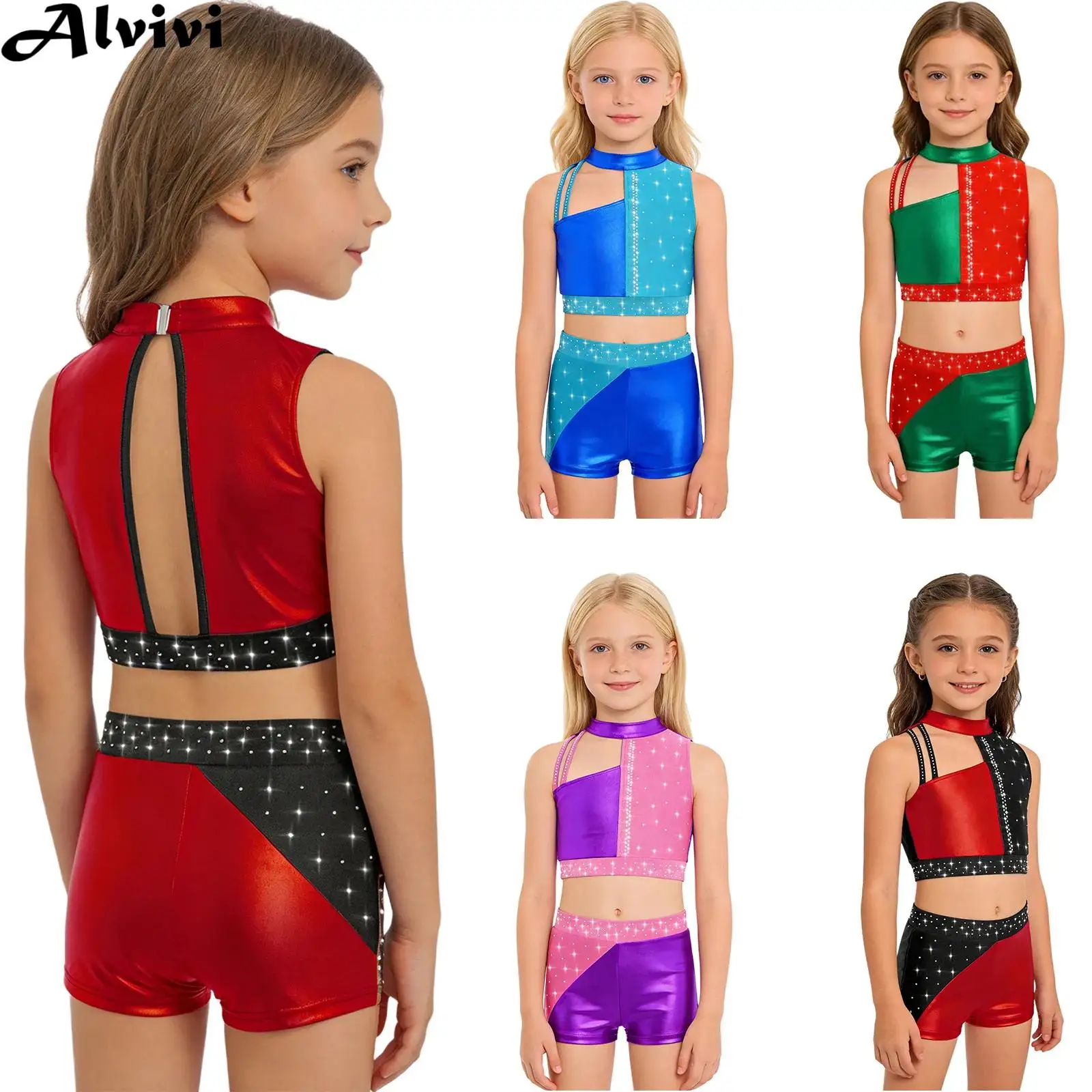 

Детский укороченный топ без рукавов с металлическими блестящими стразами для девочек, гимнастика, фигурного катания, акробатики, шорты, костюм для джазового танца