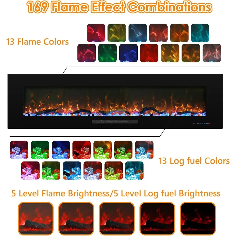 50 Camino Elettrico da Incasso e Riscaldatore a Parete con Fiamma a 13 Colori e Letto Carburante 5 Impostazioni Dimmer Touchscreen Inte