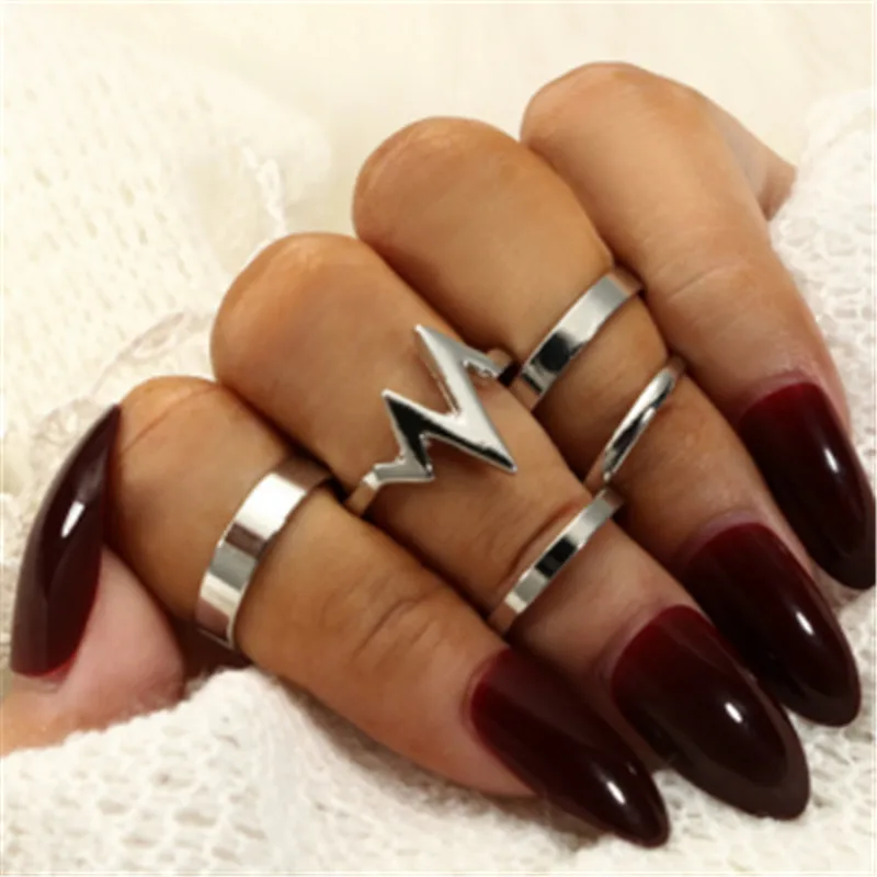 5Pcs/Set Hot Fashion Lightning Waves Ring Set ECG Finger Rings For Women Girl Gifts Alloy Smooth Thin Ring Jewelry Wholesale