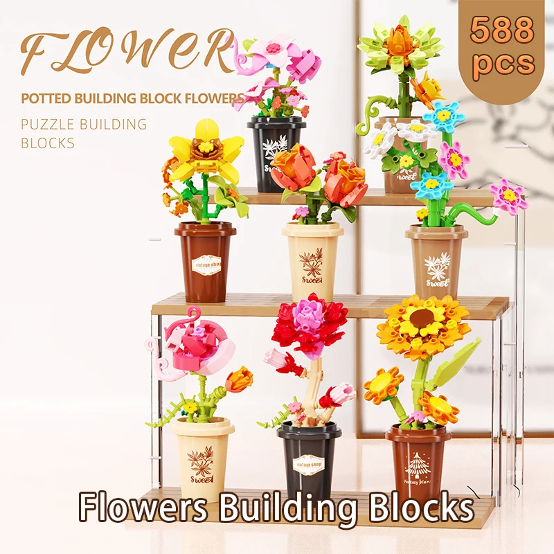 

Simulation Bouquet Building Blocks Assembly Model Flowers Plant Ornaments MOC Technical Bricks for Girl DIY Decoration Gifts