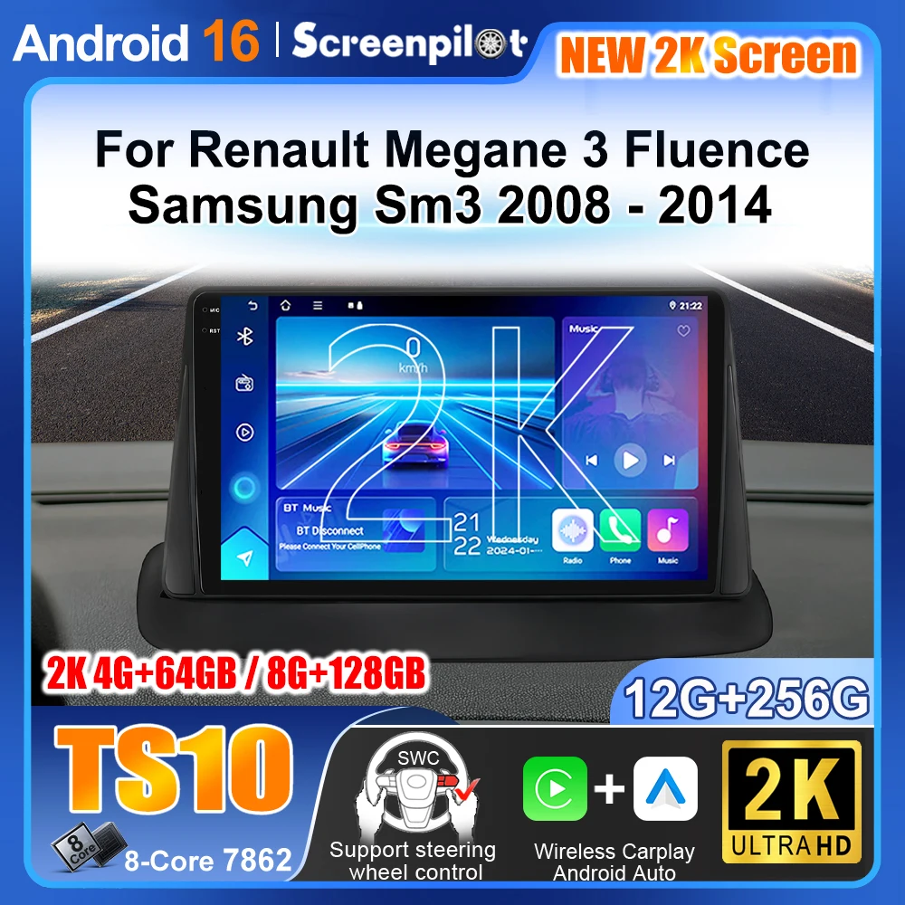 Android 16 para Renault Megane 3 Fluence Samsung SM3 2008 - 2014, Rádio Estéreo para Carro, Player Multimídia, Unidade Principal de Navegação GPS 2 Din
