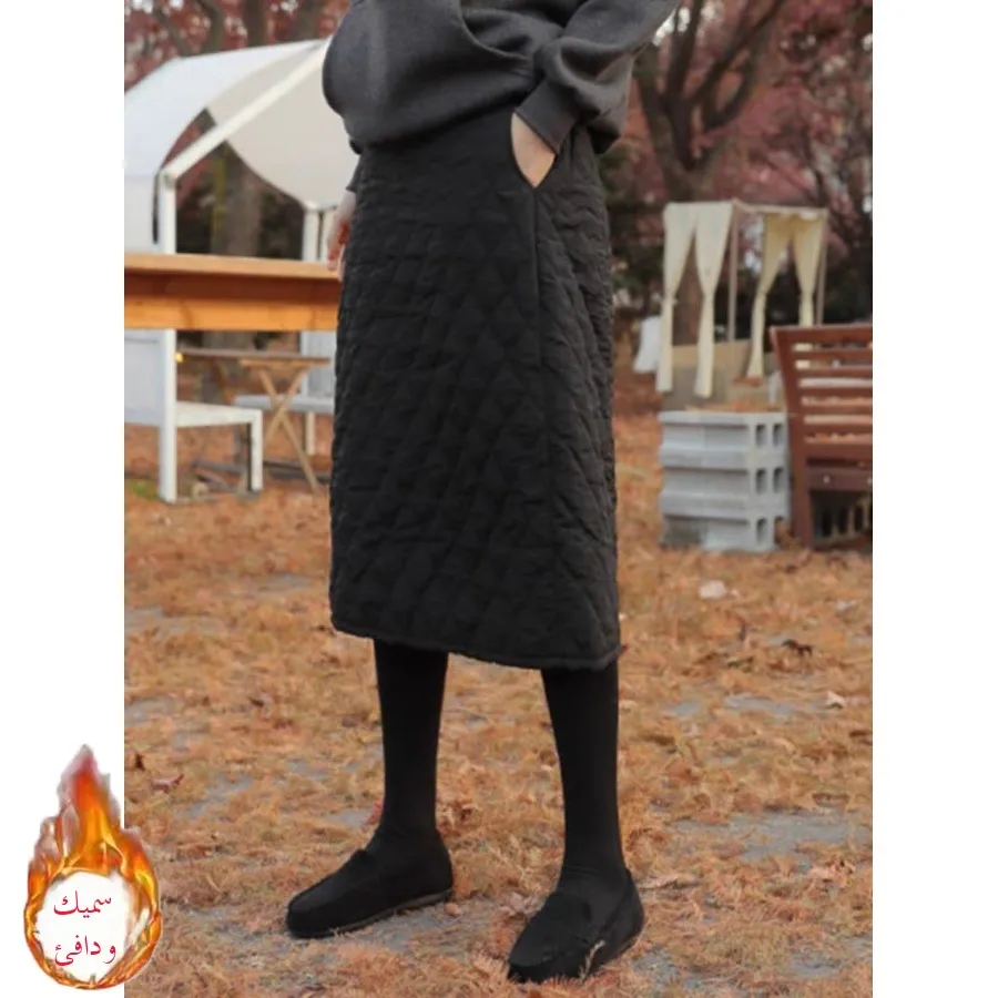 High Waist Thickened Cotton Mid-Length Loose Women's Skirt Retro Style Commute Daily Use Diamond Patterned Large Size