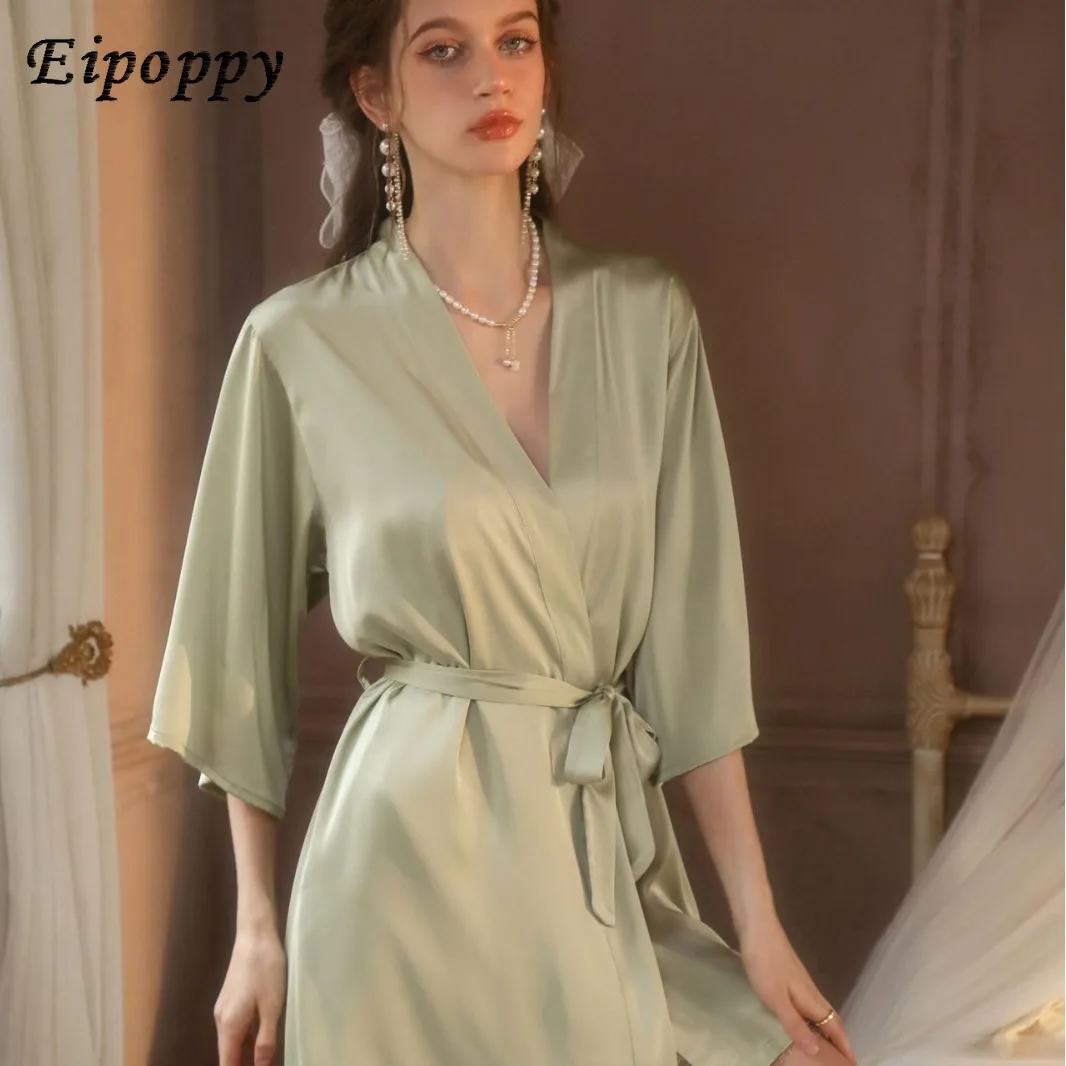 Spring and summer women's summer loose large size wedding morning robe casual single nightgown silk bathrobe robe