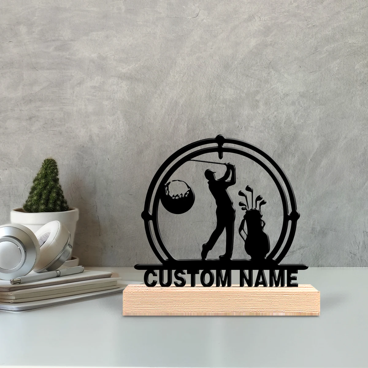 A customized countryside item Golf Abstract wrought iron wooden base desktop artwork A wooden base sports enthusiast gift, perf