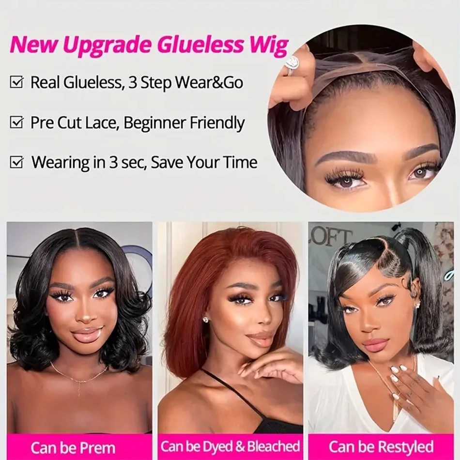 Glueless Wigs Human Hair Ready To Wear Bone Straight Short Bob Wigs For Women Lace Front Wig 100% Human Hair Wigs Pre Cut Lace