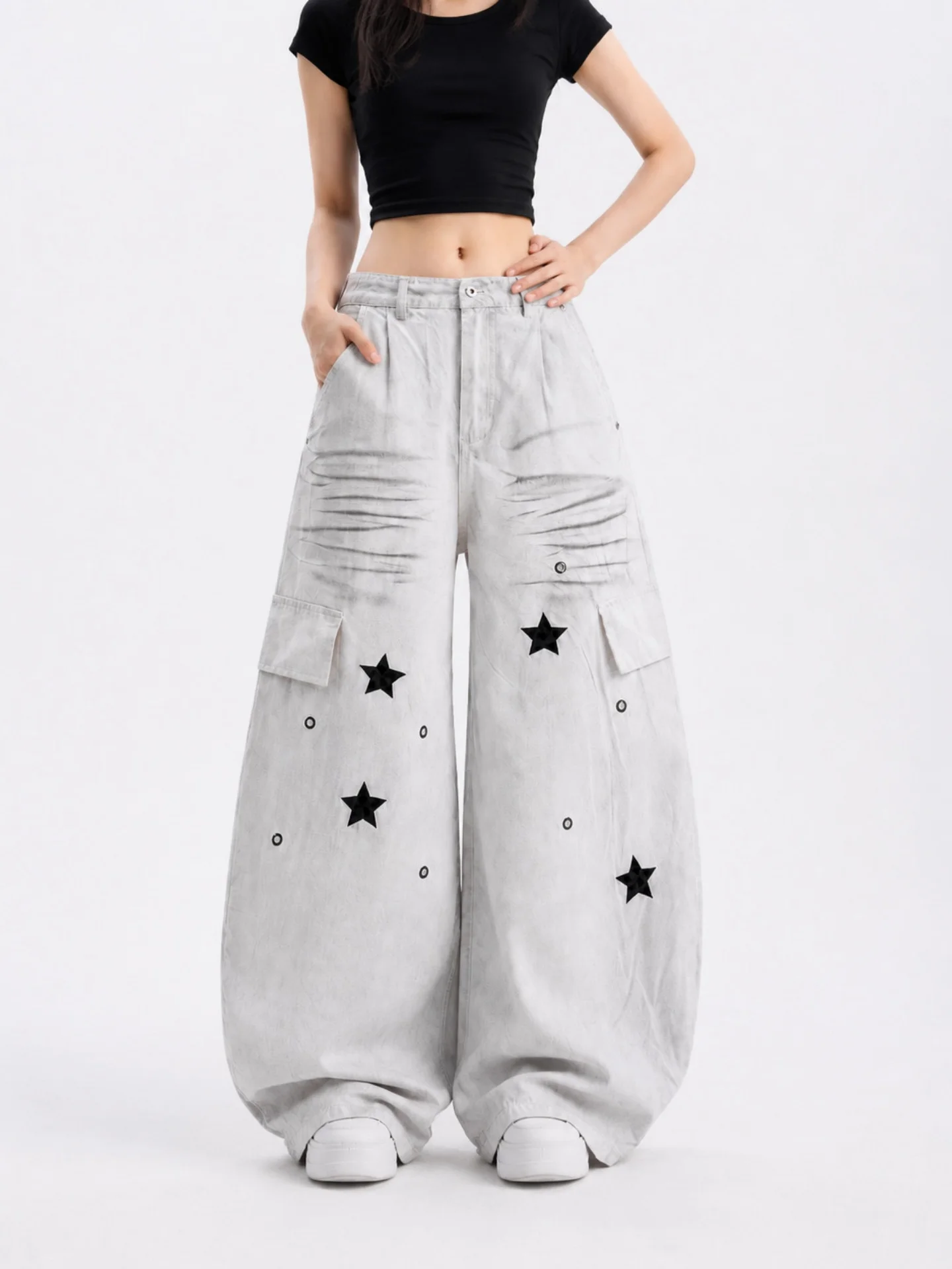 American Style Star Printed Distressed Wide Leg Jeans Loose Fit Casual Straight Cut Trousers for Men And Women High Street Style