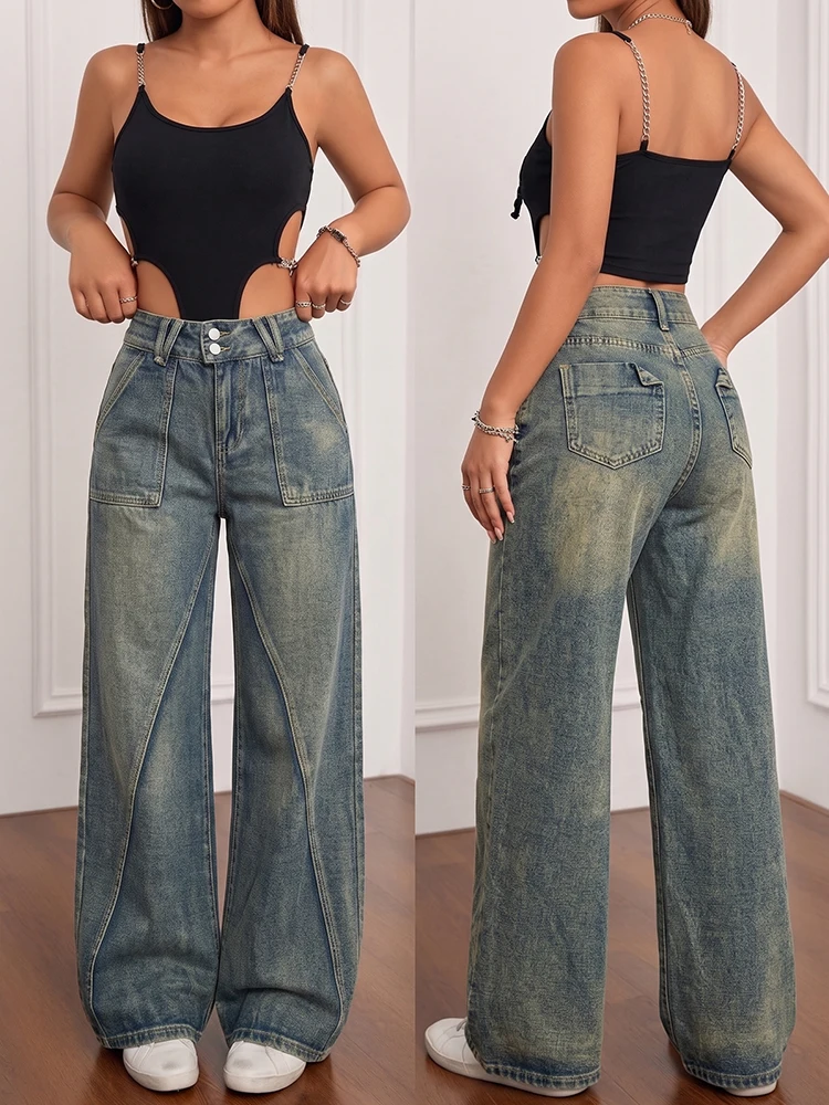 Women Vintage Wide Leg Jeans High Waist Double Button Cargo Denim Pants American Retro Multi Pockets Loose Casual Long Trousers