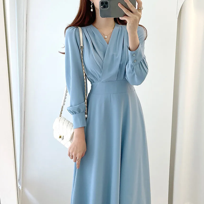 Harajuku V-neck Puff Sleeve A-line Maxi Dresses for Woman Women Solid Color Midi Robe Korean Office Dresses Elegant Spring 2022