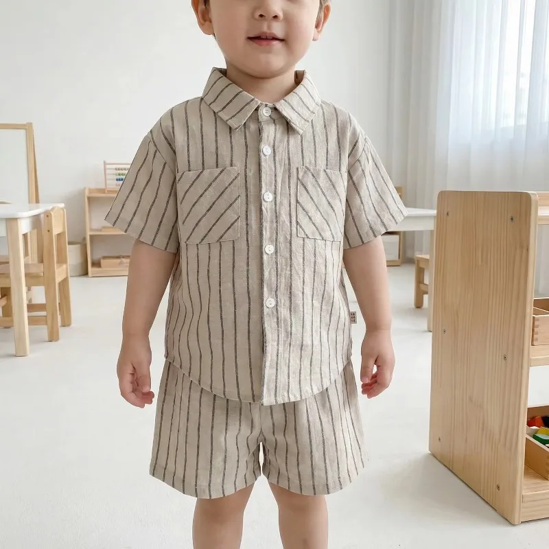 New Summer Cotton Kids Clothing Sets Boys Vertical Striped Short Sleeve Shirt+Elastic Waist Shorts 2Pcs Clothes Girls Soft Suit
