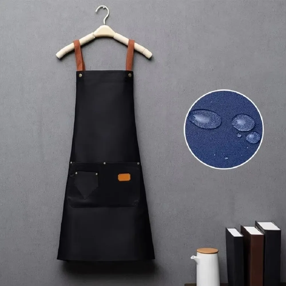 

New Waterproof Kitchen Apron Anti Dirty Breathable Coffee House Uniform Large Pocket Solid Color Cooking Aprons