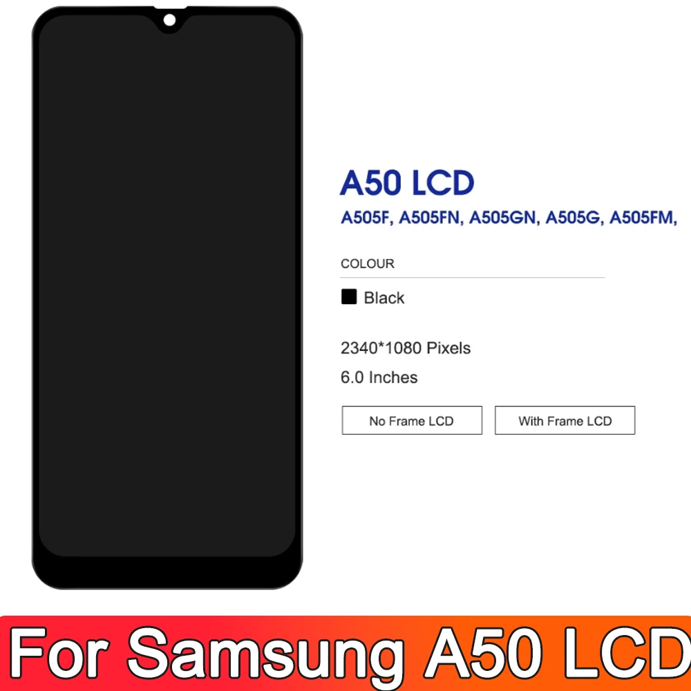 100% Tested For Samsung A50 SM-A505FN/DS A505F/DS A505 LCD Display Touch Screen Digitizer With Frame For Samsung A50 lcd