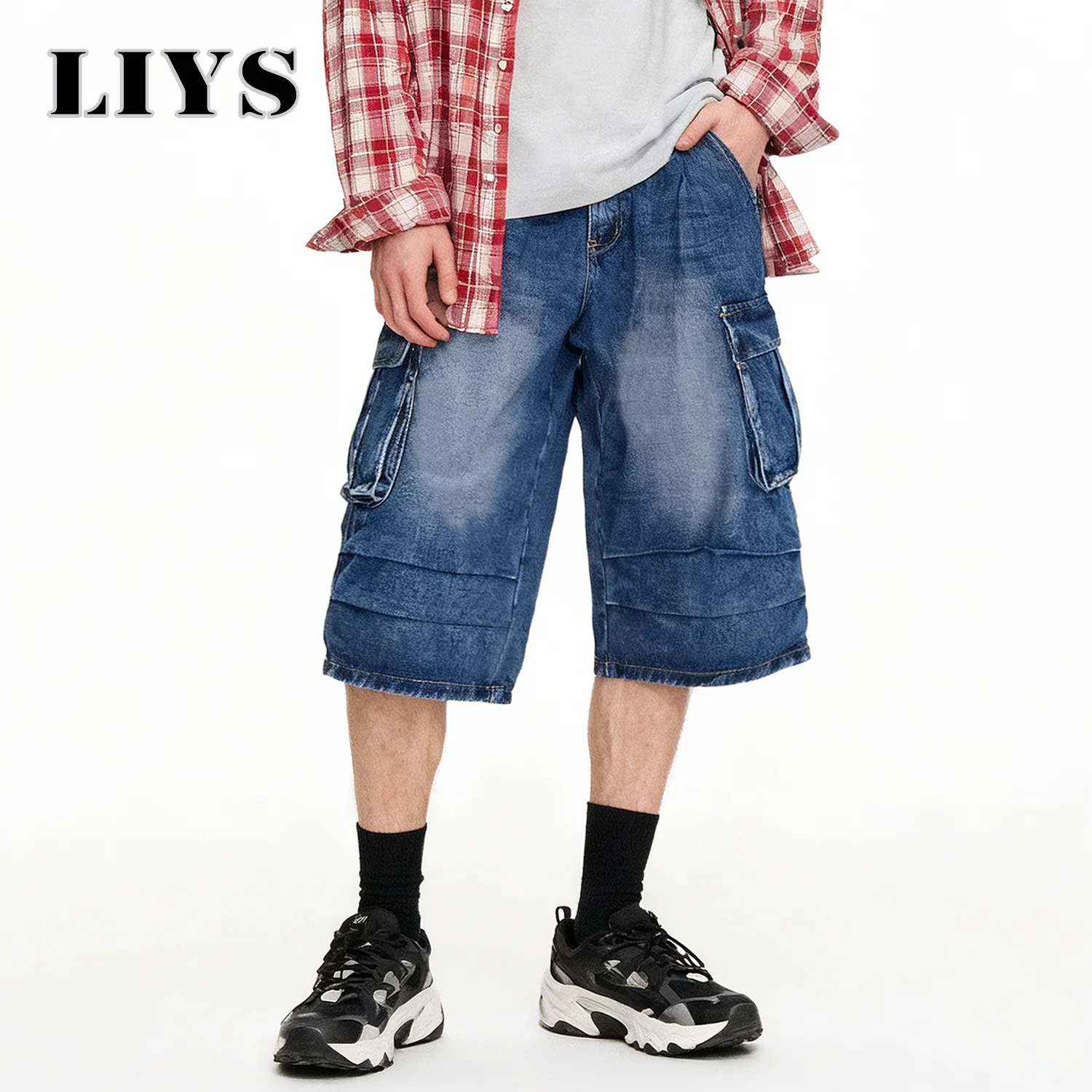 

Мужские летние мешковатые джинсовые шорты с несколькими карманами, повседневные джинсы, капри, брюки до щиколотки, синяя прямая рабочая одежда, джинсовые шорты